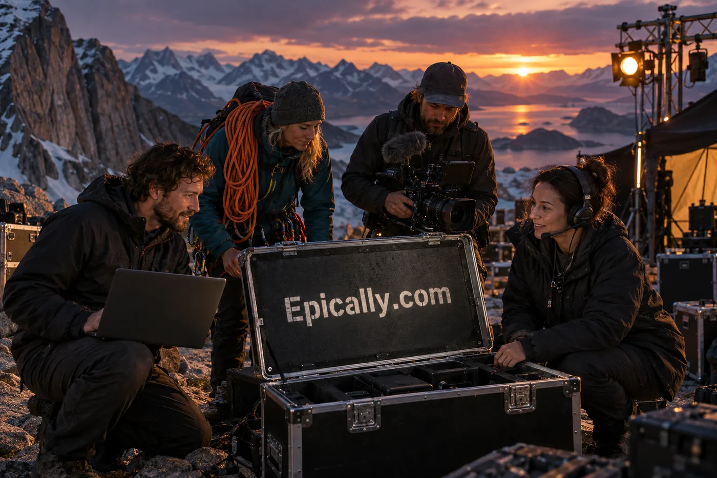 An outdoor film crew gathered around an Epically.com equipment case