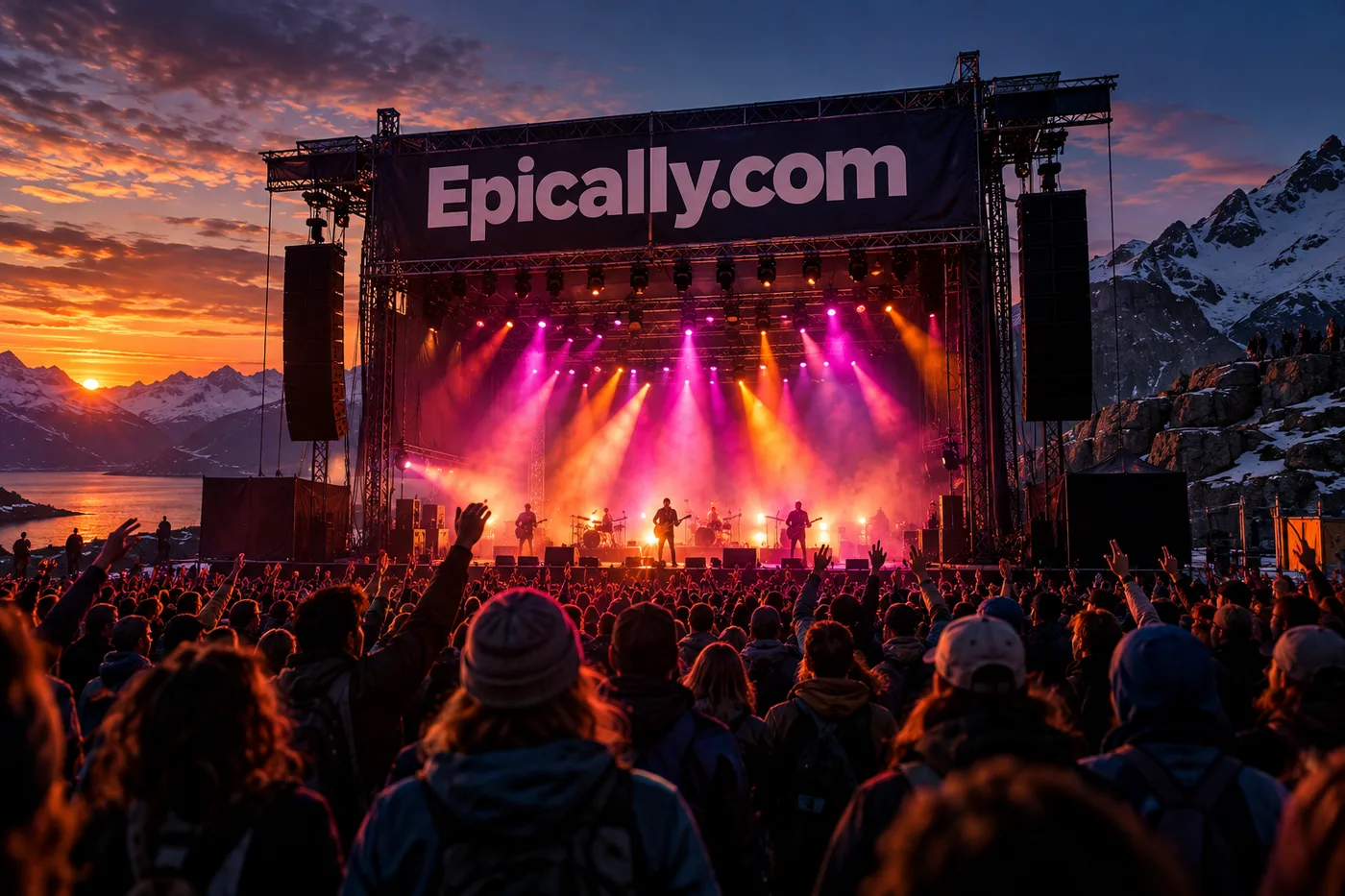 A festival crowd facing an illuminated outdoor stage