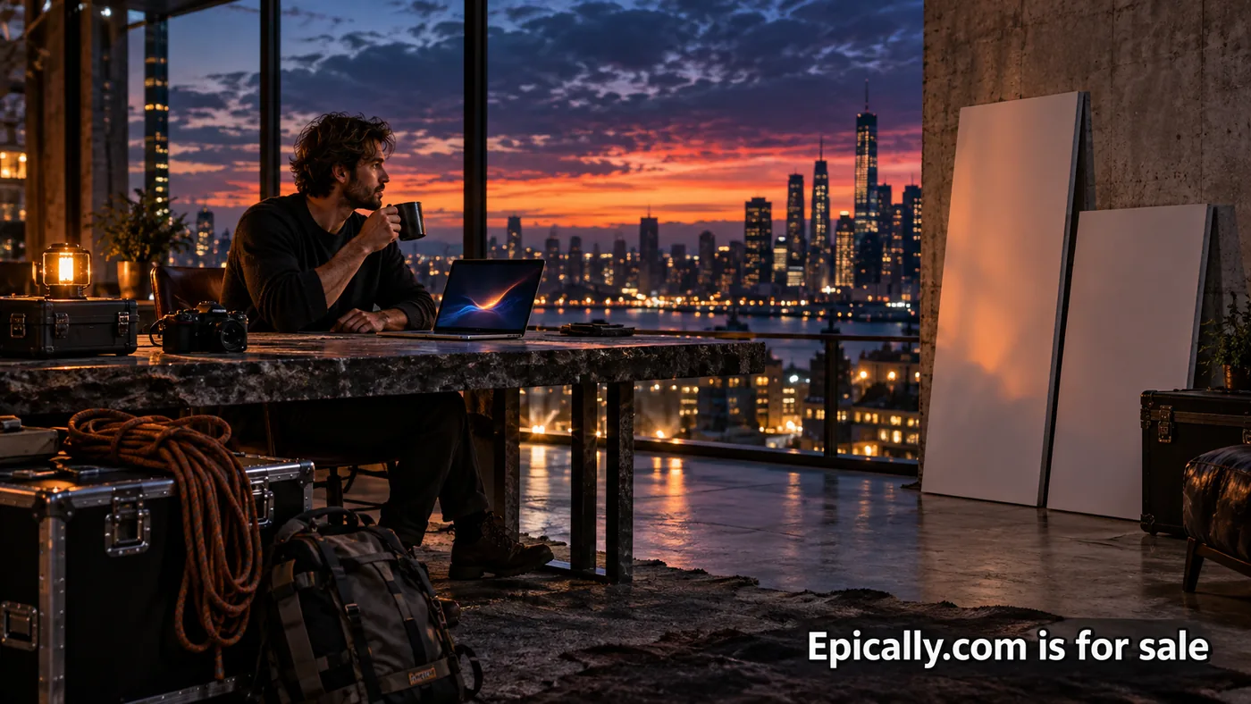 A creator considering a project at a laptop overlooking a city at dusk